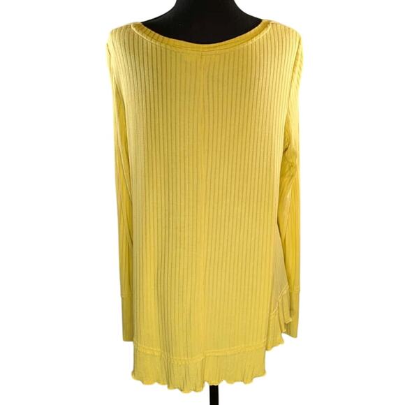 Jane & Delancey Yellow Ribbed V Neck Lettuce Hem Flowy Top Women M Casual - Picture 3 of 14